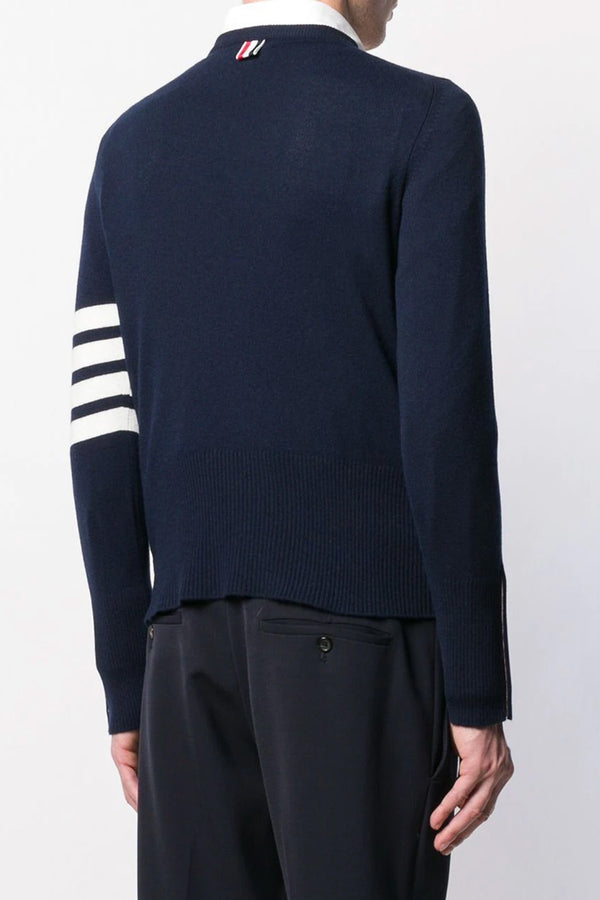 Classic White 4 Bar Stripe Cashmere Crew Pullover in Navy