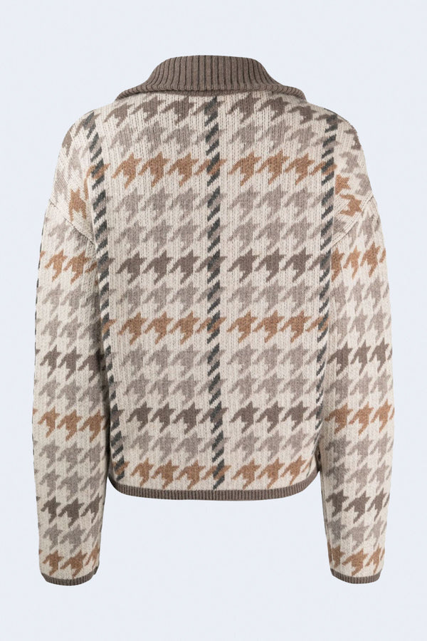 Luxe Houndstooth Jacquard Quarter Zip Jacket in Oatmeal Combo