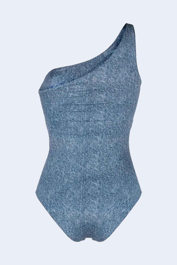 One Shoulder Cut Out Denim Print Swimsuit in Blue