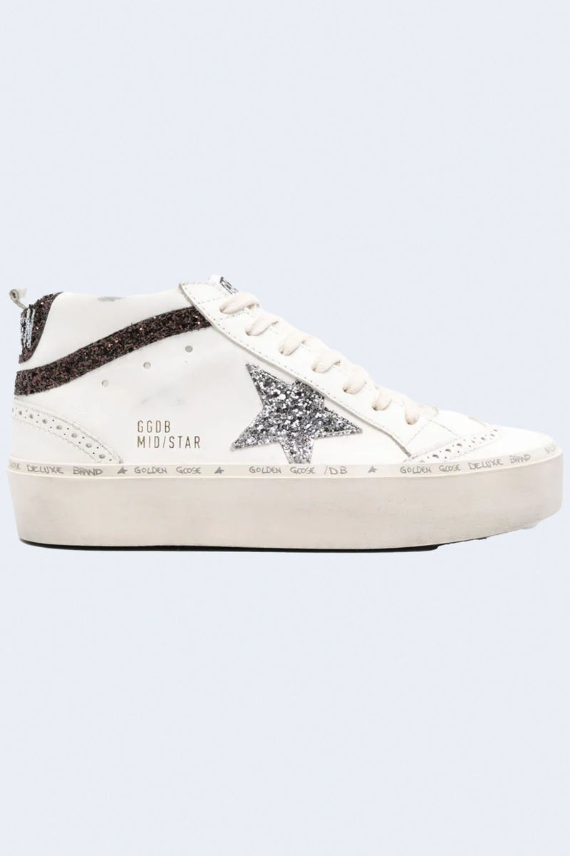 Women's Hi Mid Star Leather Upper Glitter Star Sneaker in White Silver Brown