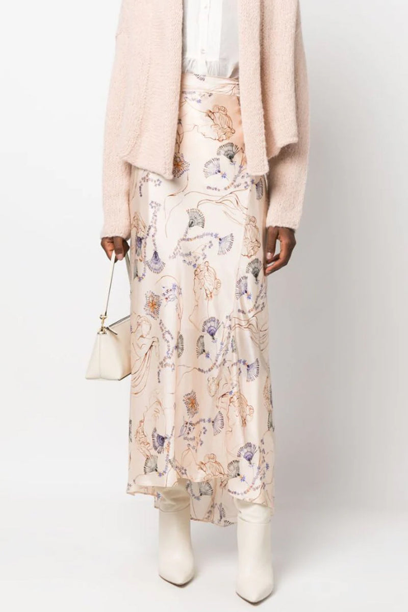 Musa Print Silk Satin Couture Skirt in Ivory