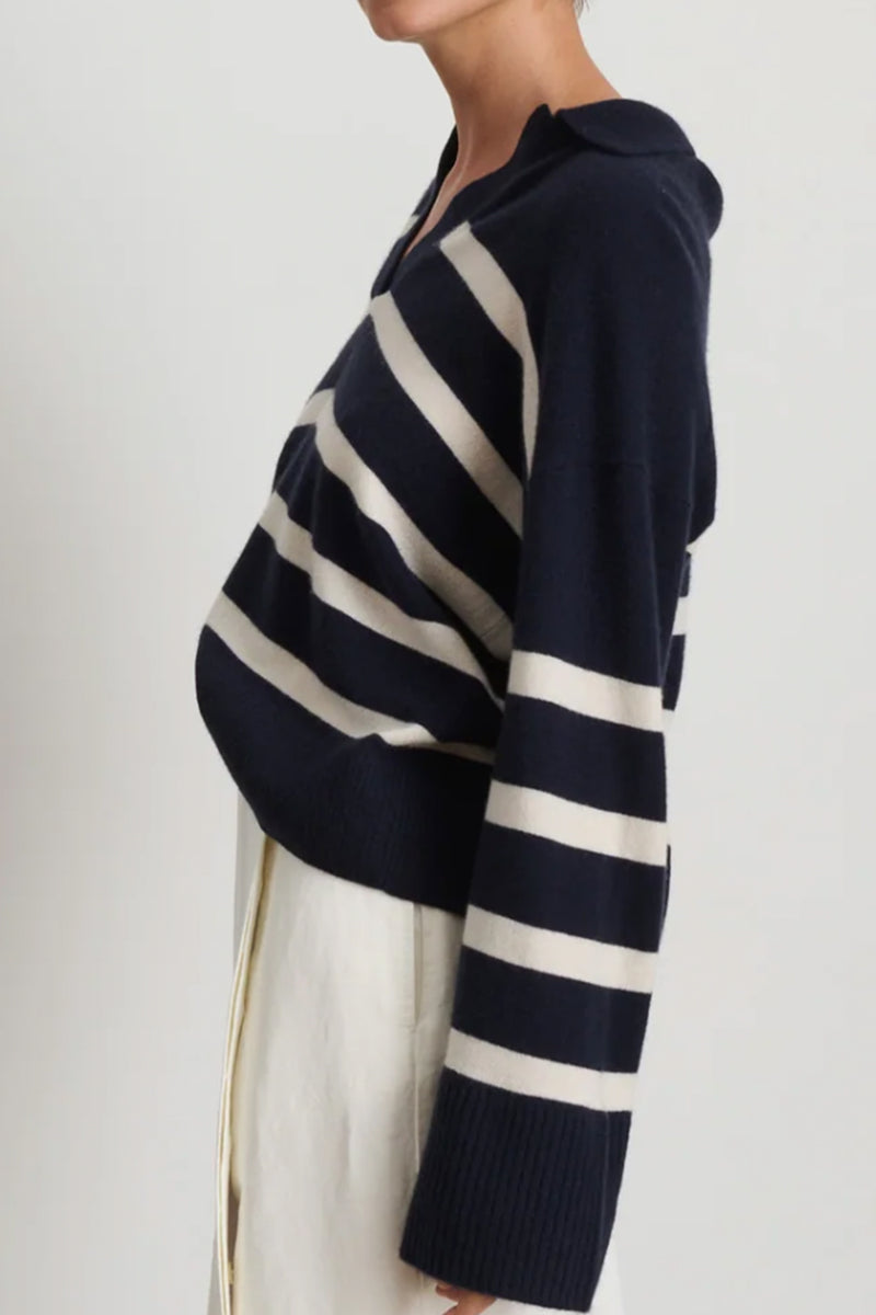 Isa Striped Polo Cashmere Pullover in Navy/White