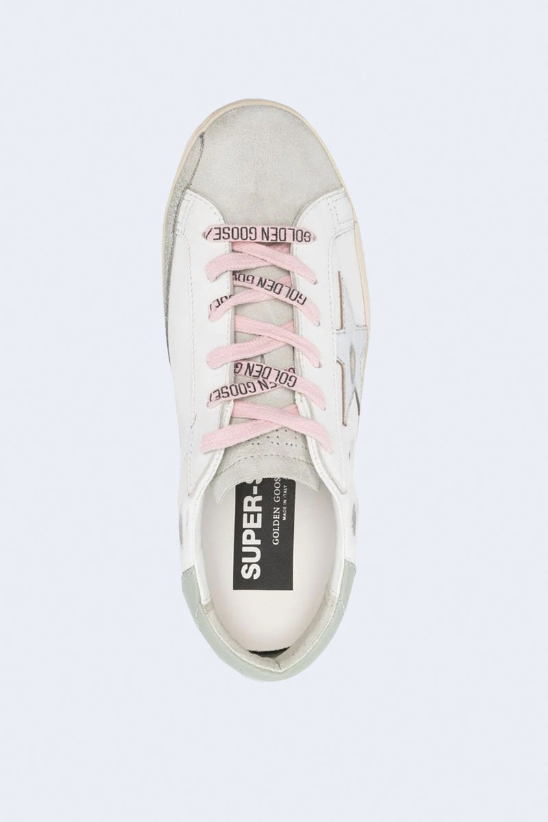 Women's Super-Star Leather Upper And Heel Suede Toe And Spur Laminated Star Sneaker in White/Ice/Silver/Aquamarine
