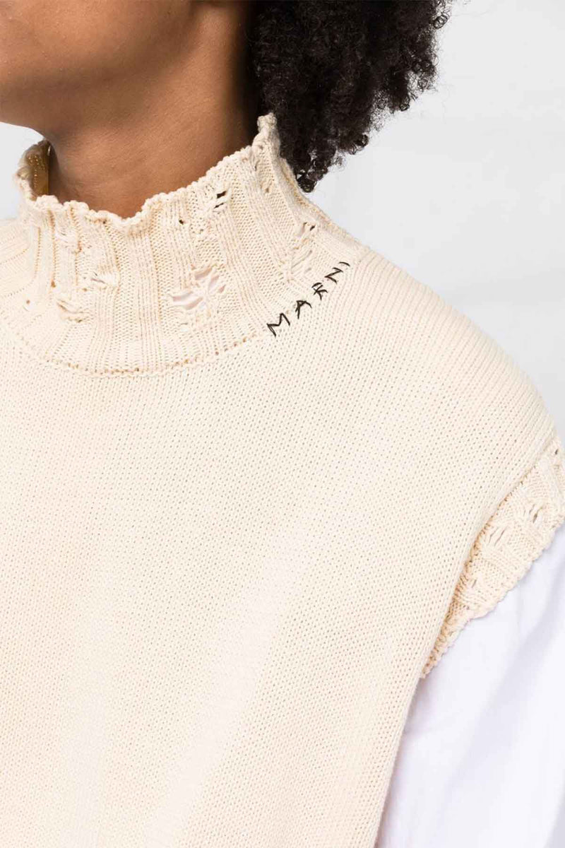 Distressed Sleeveless Turtleneck  in Off White