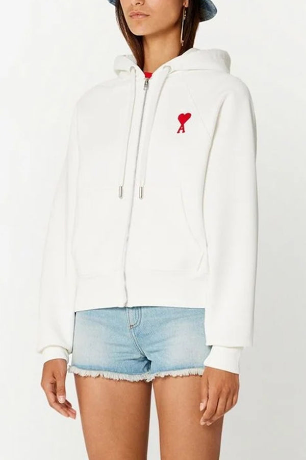 Tonal Zipped Adc Hoodie in Natural White/Red