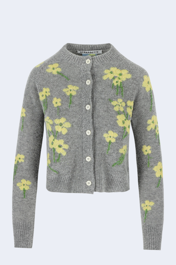 Nona Cardigan in Grey with Yellow Buttercups