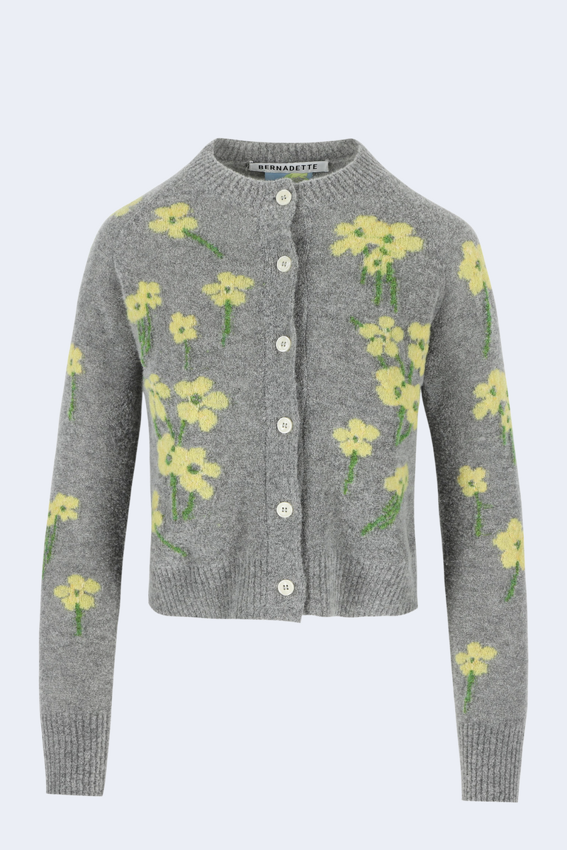 Nona Cardigan in Grey with Yellow Buttercups