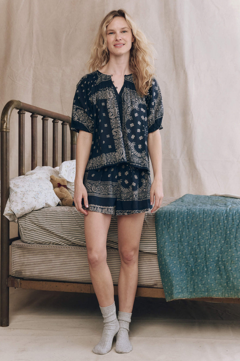 The Smocked Sleep Short in Bandana Patchwork