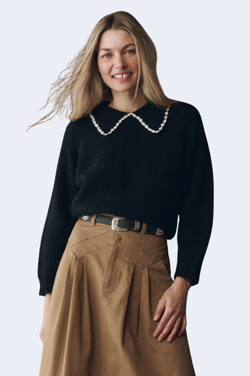 The Crochet Collar Pullover in Black W/Soft White