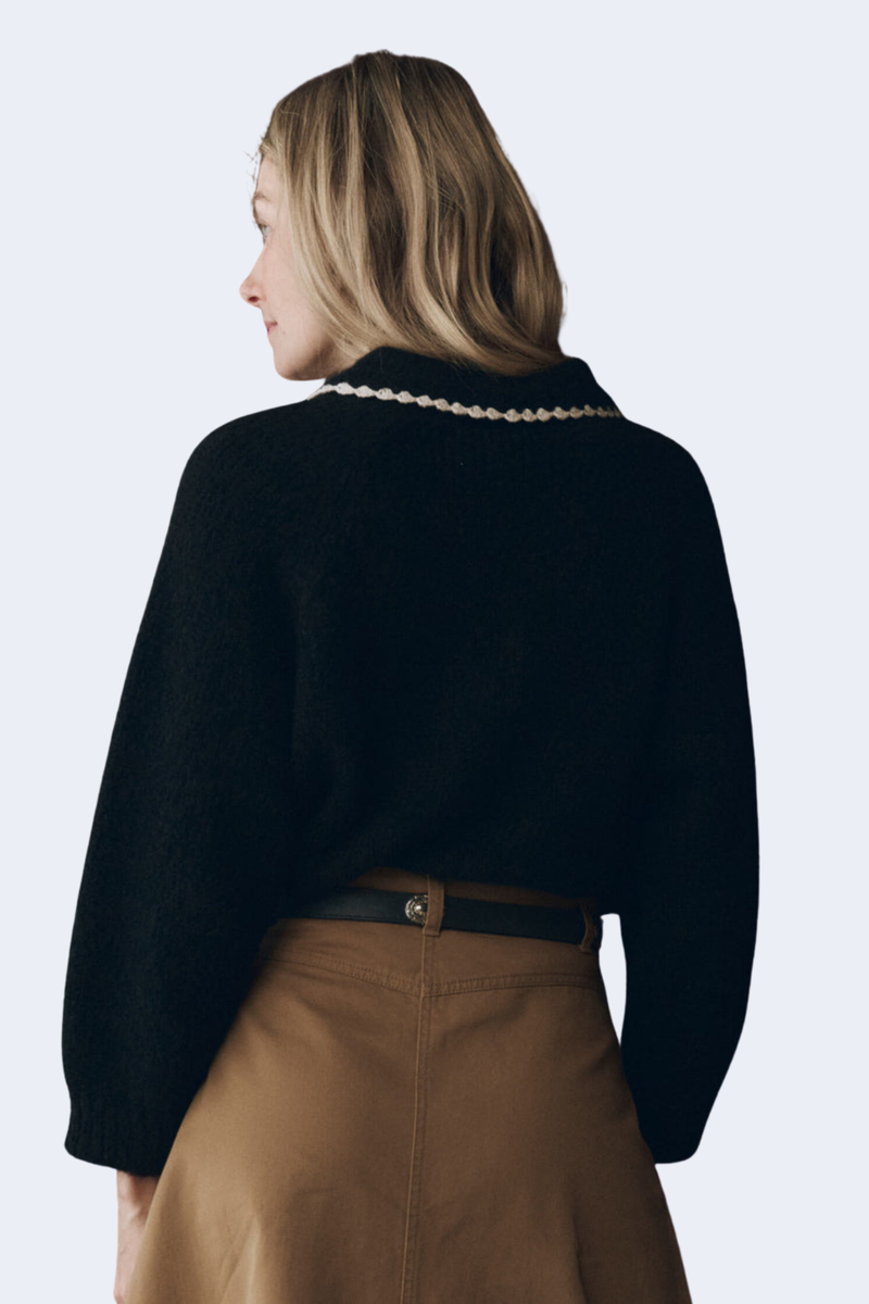 The Crochet Collar Pullover in Black W/Soft White