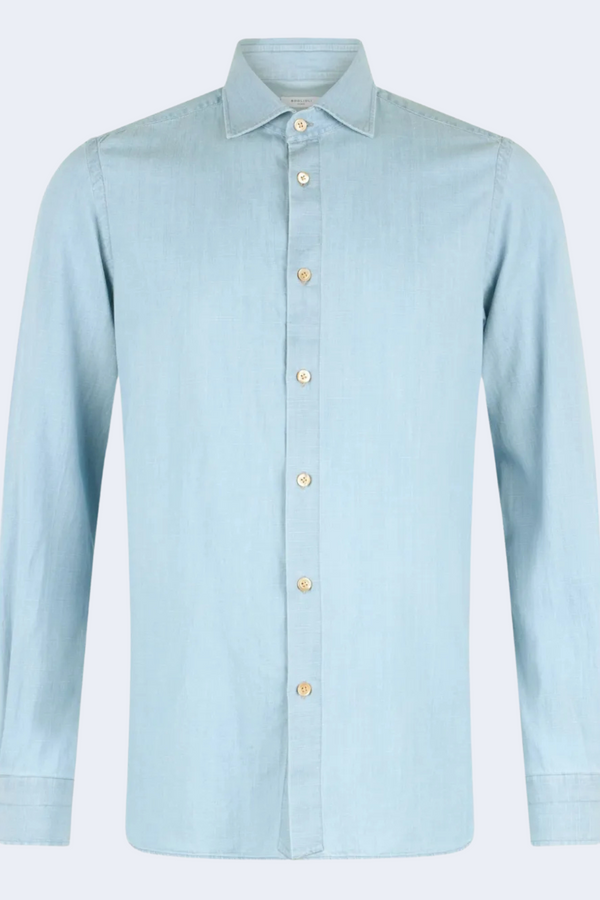Cotton Chambray Long Sleeve Button Down in Light Denim