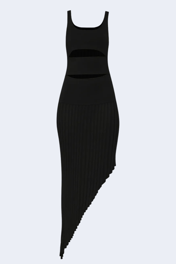 Slashed Knit Asymmetric Tank Dress in Black