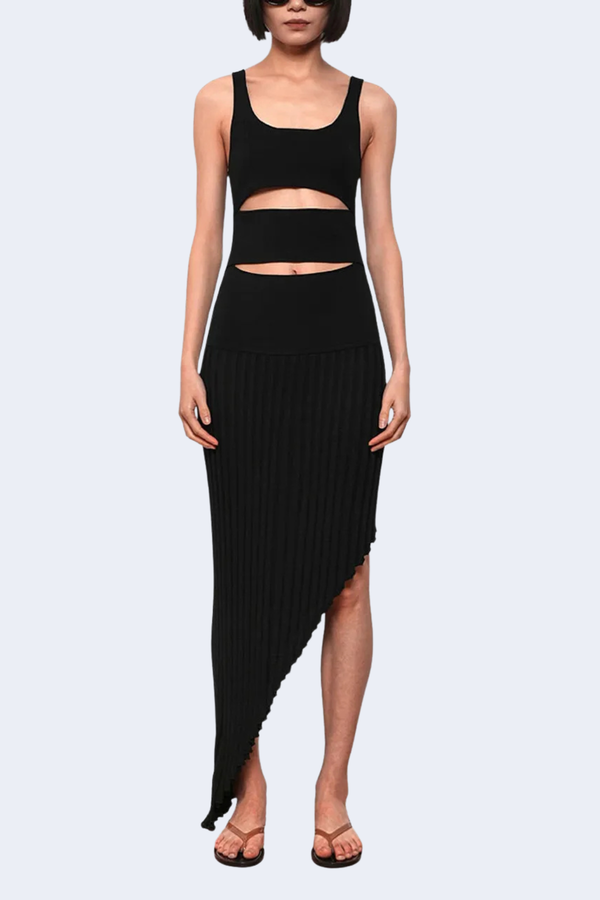 Slashed Knit Asymmetric Tank Dress in Black