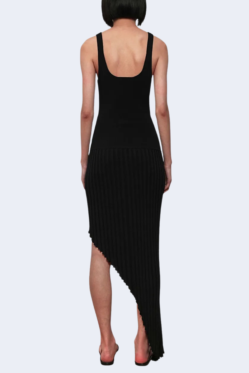 Slashed Knit Asymmetric Tank Dress in Black