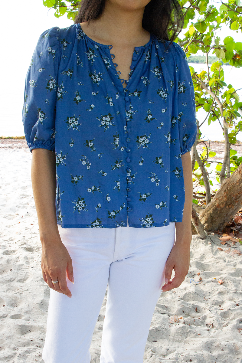 Lily Bouquet Floral Blouse in Mid Blue