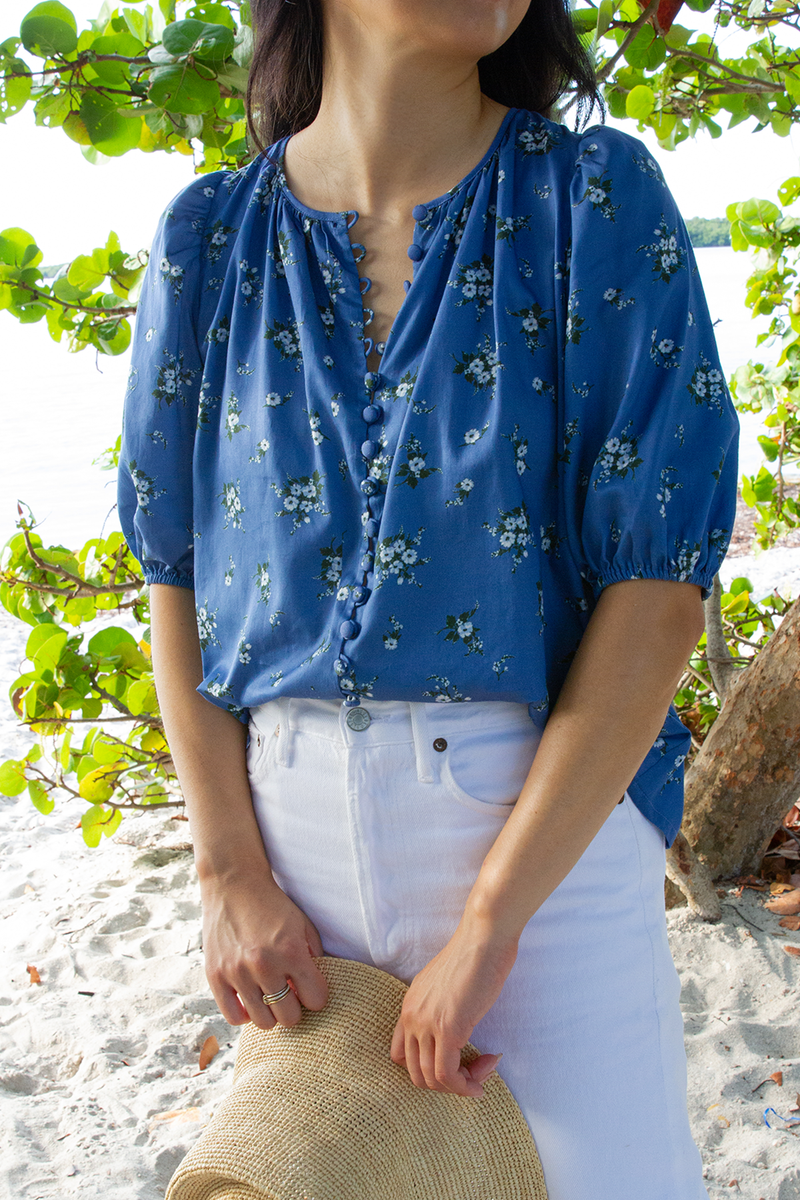 Lily Bouquet Floral Blouse in Mid Blue