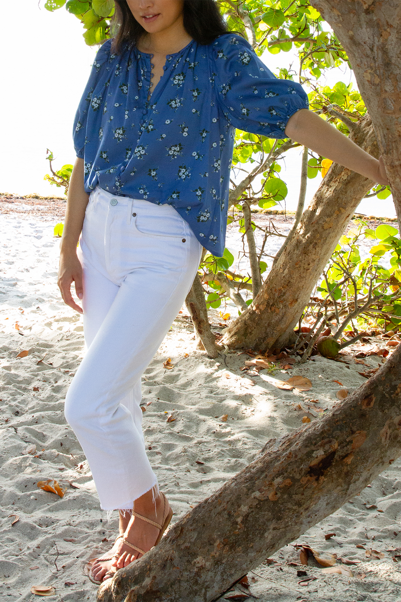 Lily Bouquet Floral Blouse in Mid Blue