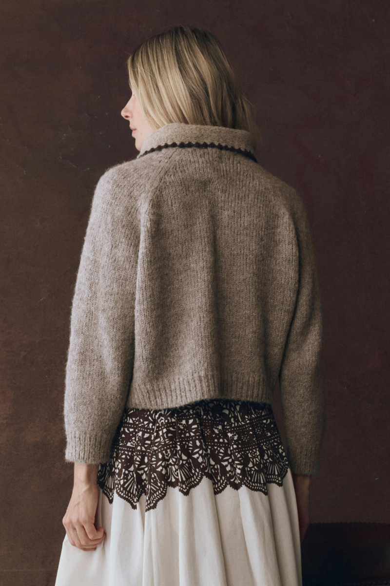 The Crochet Collar Pullover in Oat W/Brown