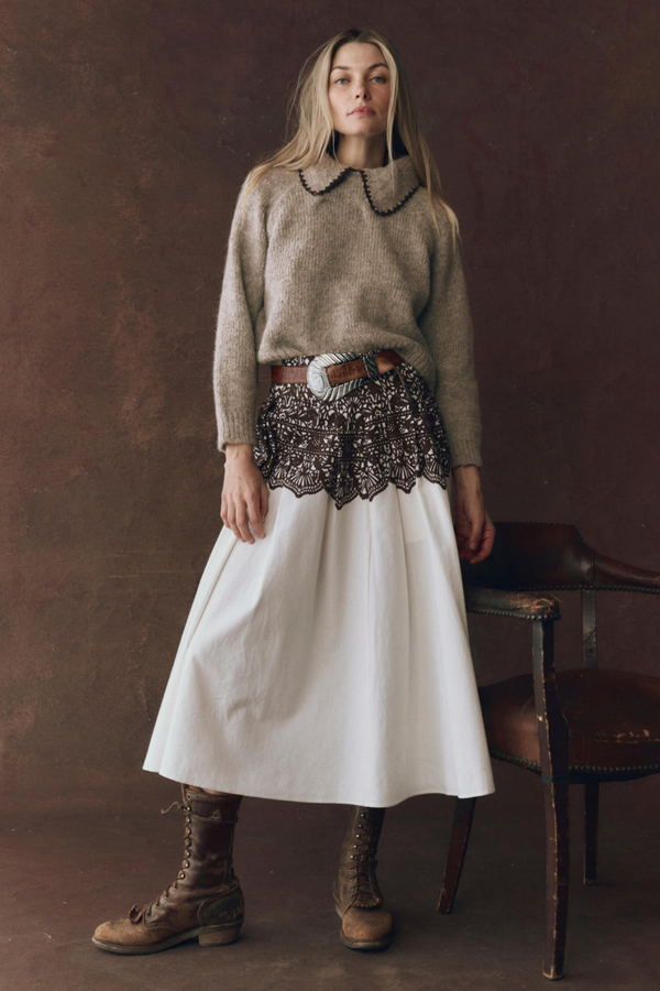 The Crochet Collar Pullover in Oat W/Brown