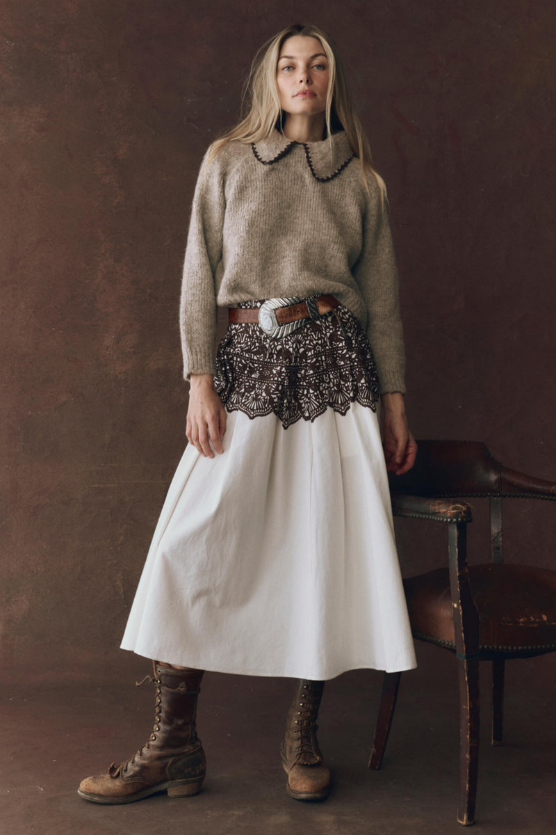 The Crochet Collar Pullover in Oat W/Brown