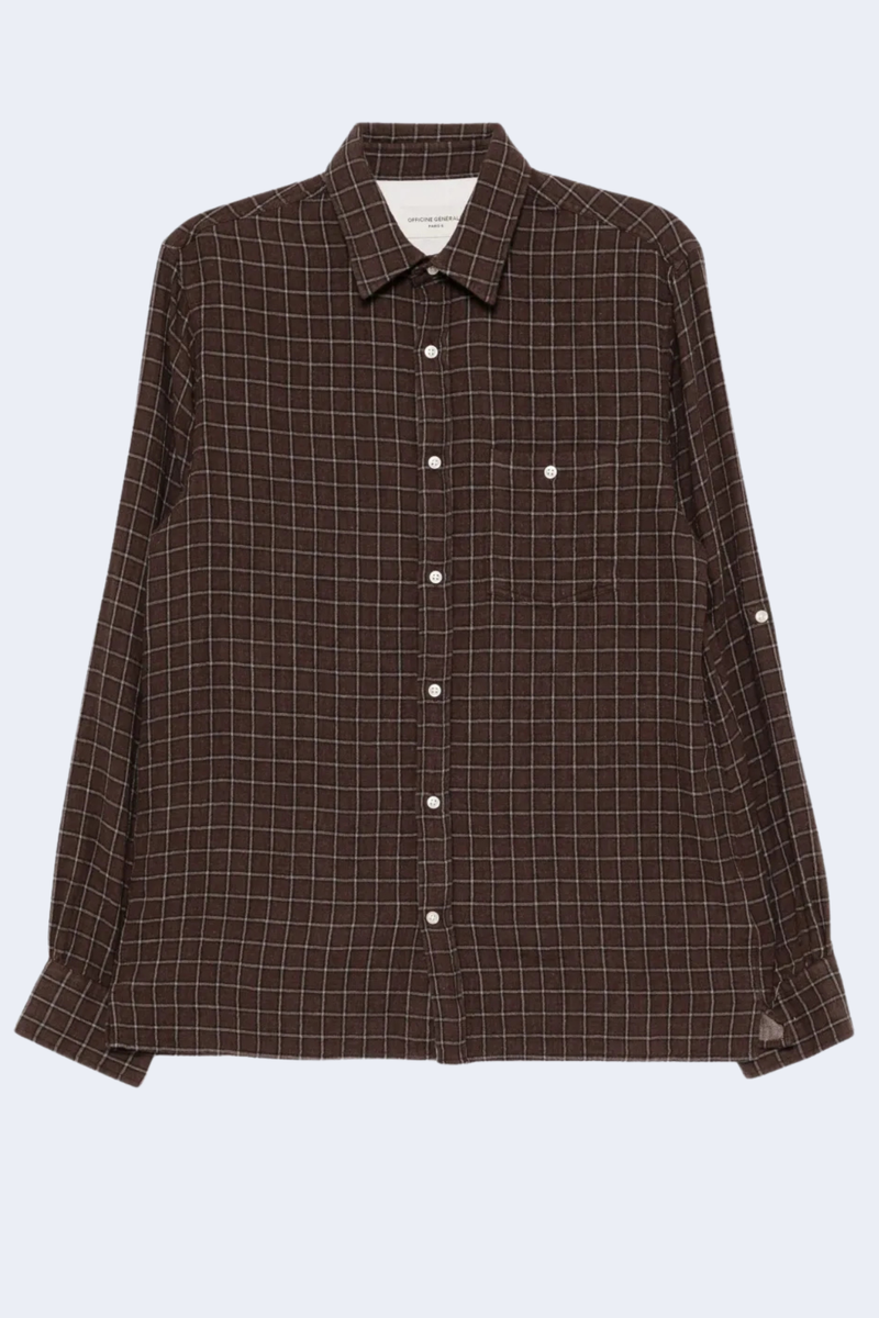 Younes Gauze Double Cotton Check Button Down Shirt in Iced Coffee/Dark Brown/Ecru