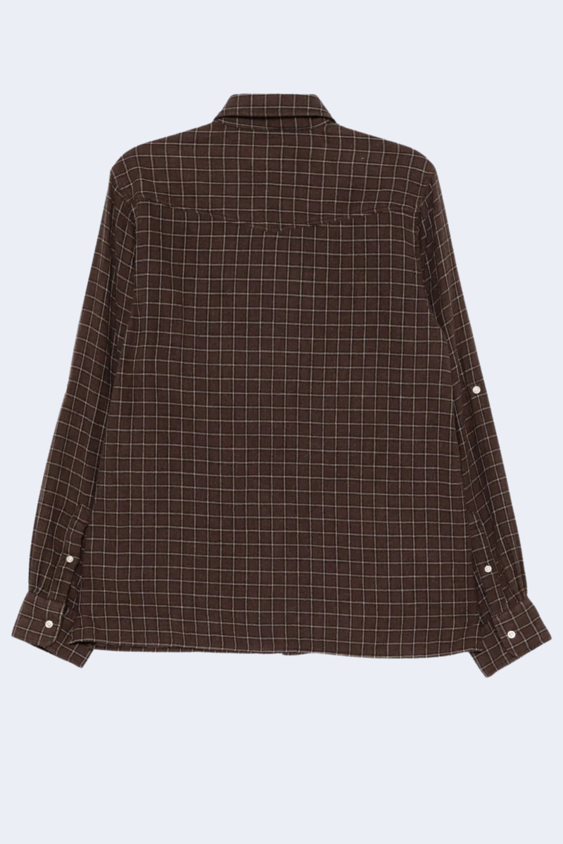 Younes Gauze Double Cotton Check Button Down Shirt in Iced Coffee/Dark Brown/Ecru