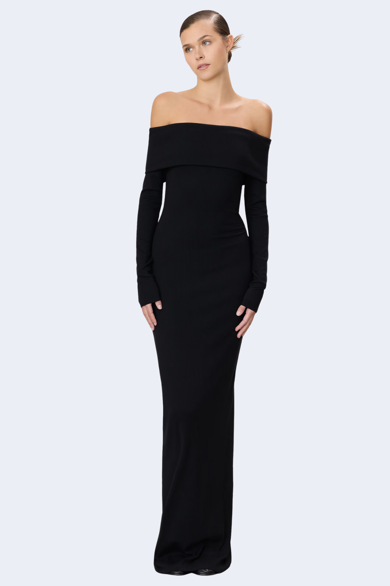Long  Sleeve Off-Shoulder Maxi Dress in Black