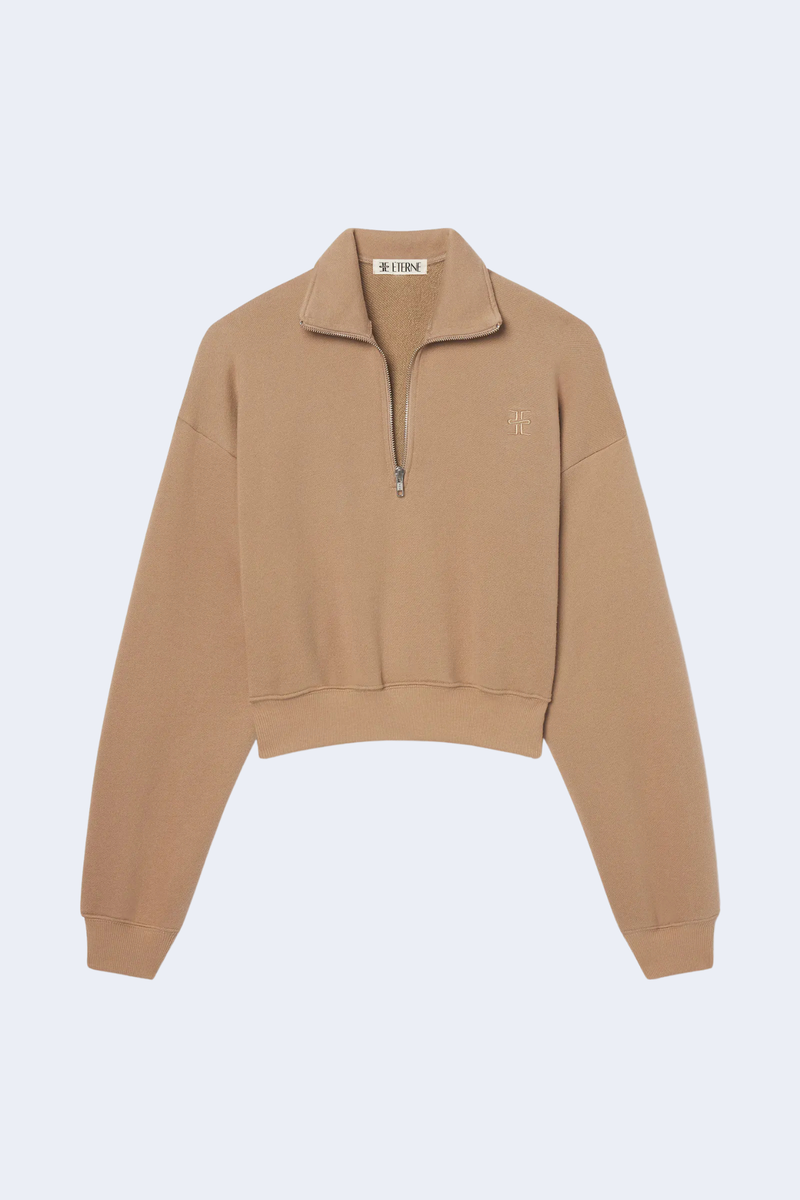 Cropped Half-Zip Sweatshirt in Taupe