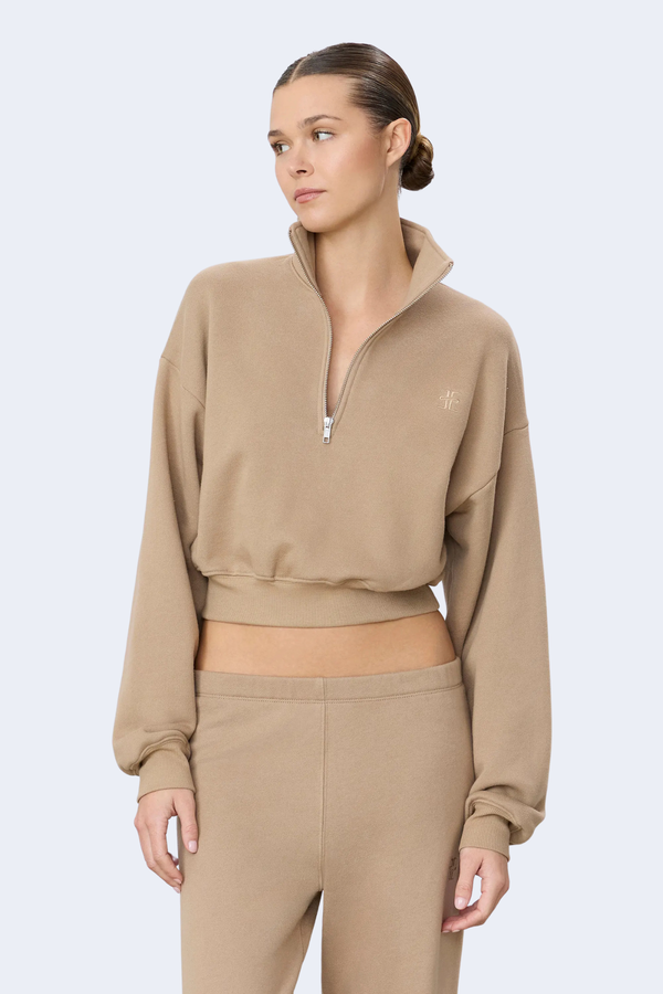 Cropped Half-Zip Sweatshirt in Taupe