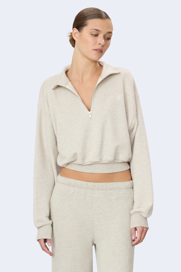 Cropped Half-Zip Sweatshirt in Heather Oatmeal