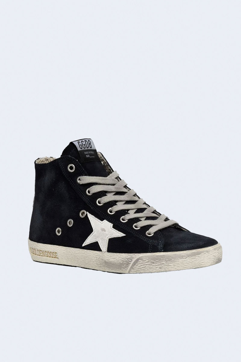 Women's Francy Classic Suede Upper Shiny Leather Star Sneakers in Night Blue/White