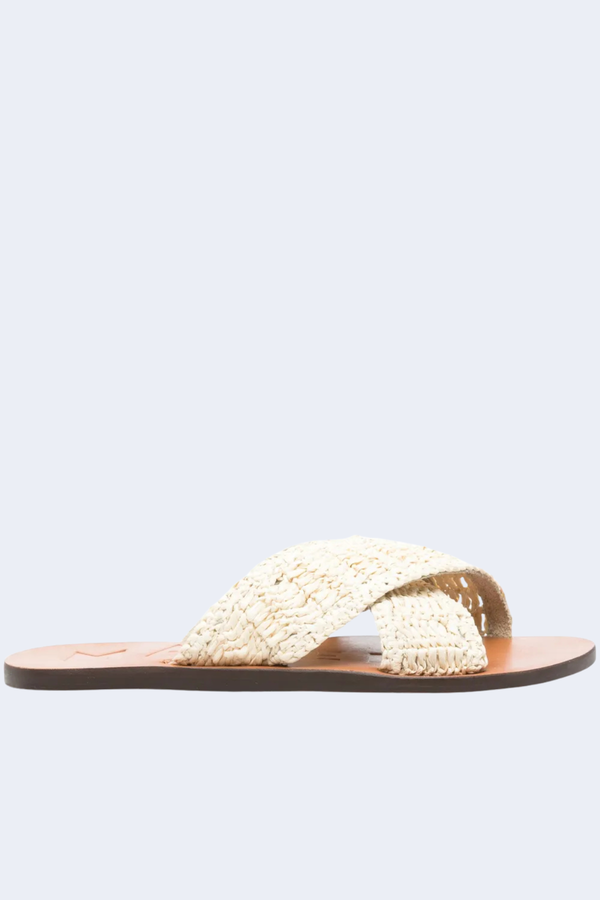 Raffia Leather Sandals With Crossed Bands in Natural