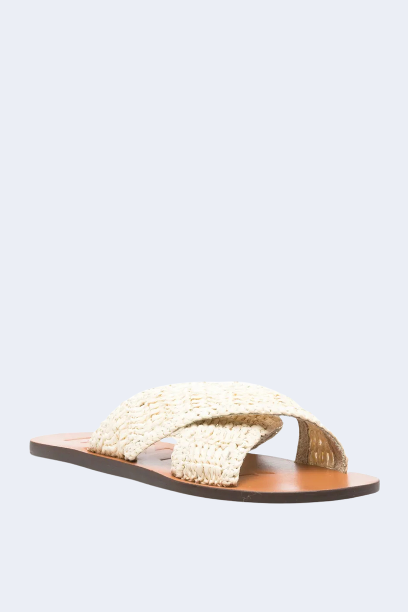 Raffia Leather Sandals With Crossed Bands in Natural