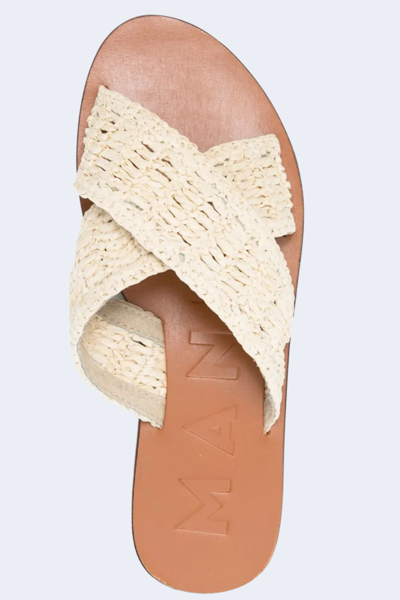 Raffia Leather Sandals With Crossed Bands in Natural