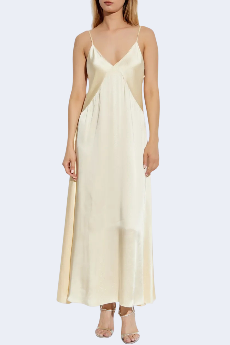 Silver Pinstripe Satin Slip Dress in Cream