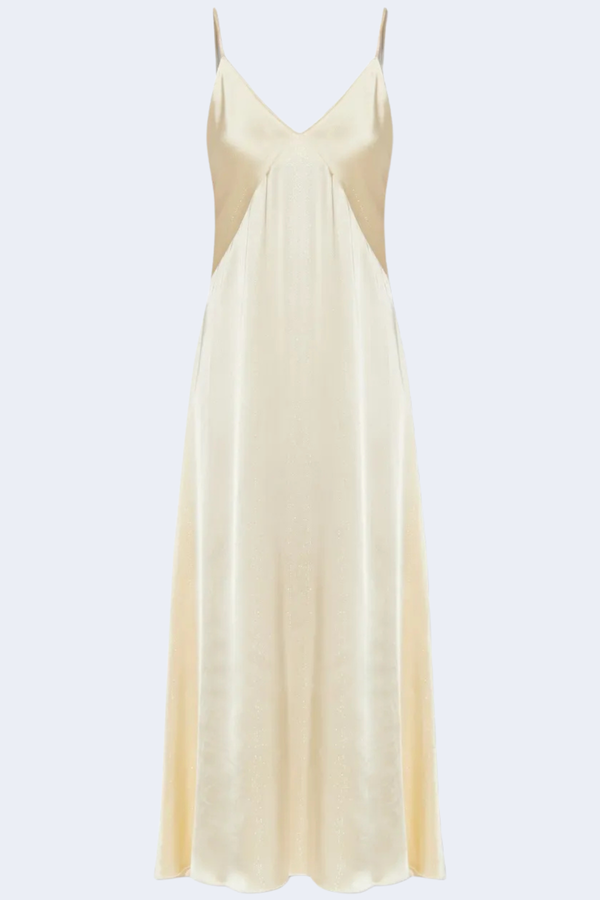 Silver Pinstripe Satin Slip Dress in Cream