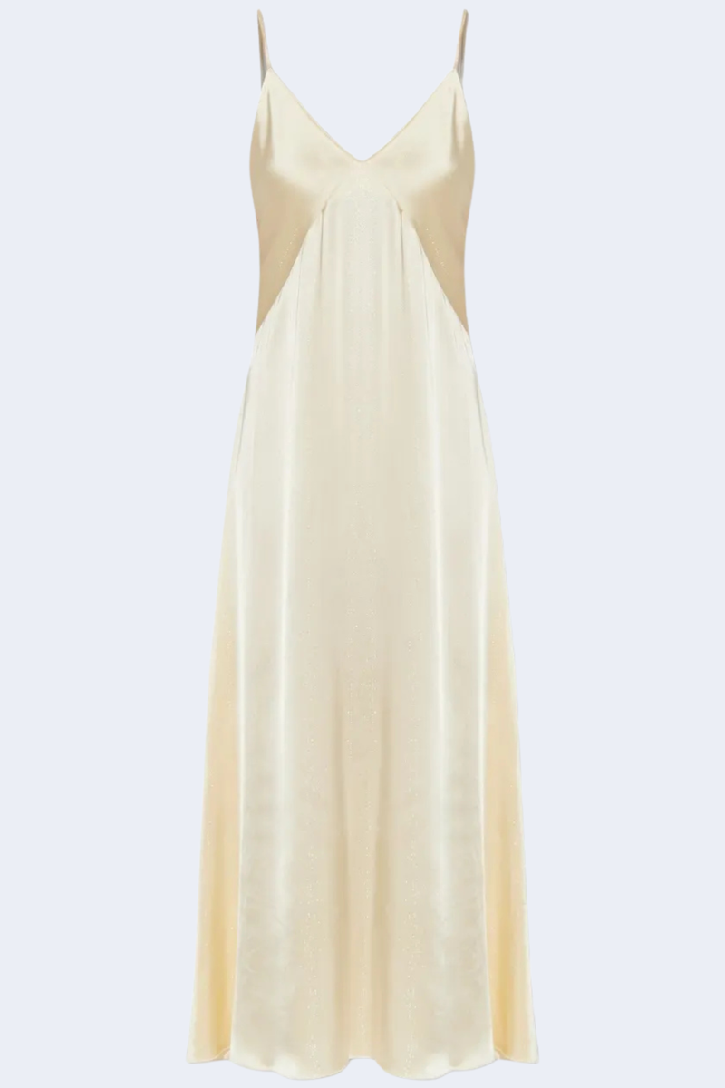 Silver Pinstripe Satin Slip Dress in Cream