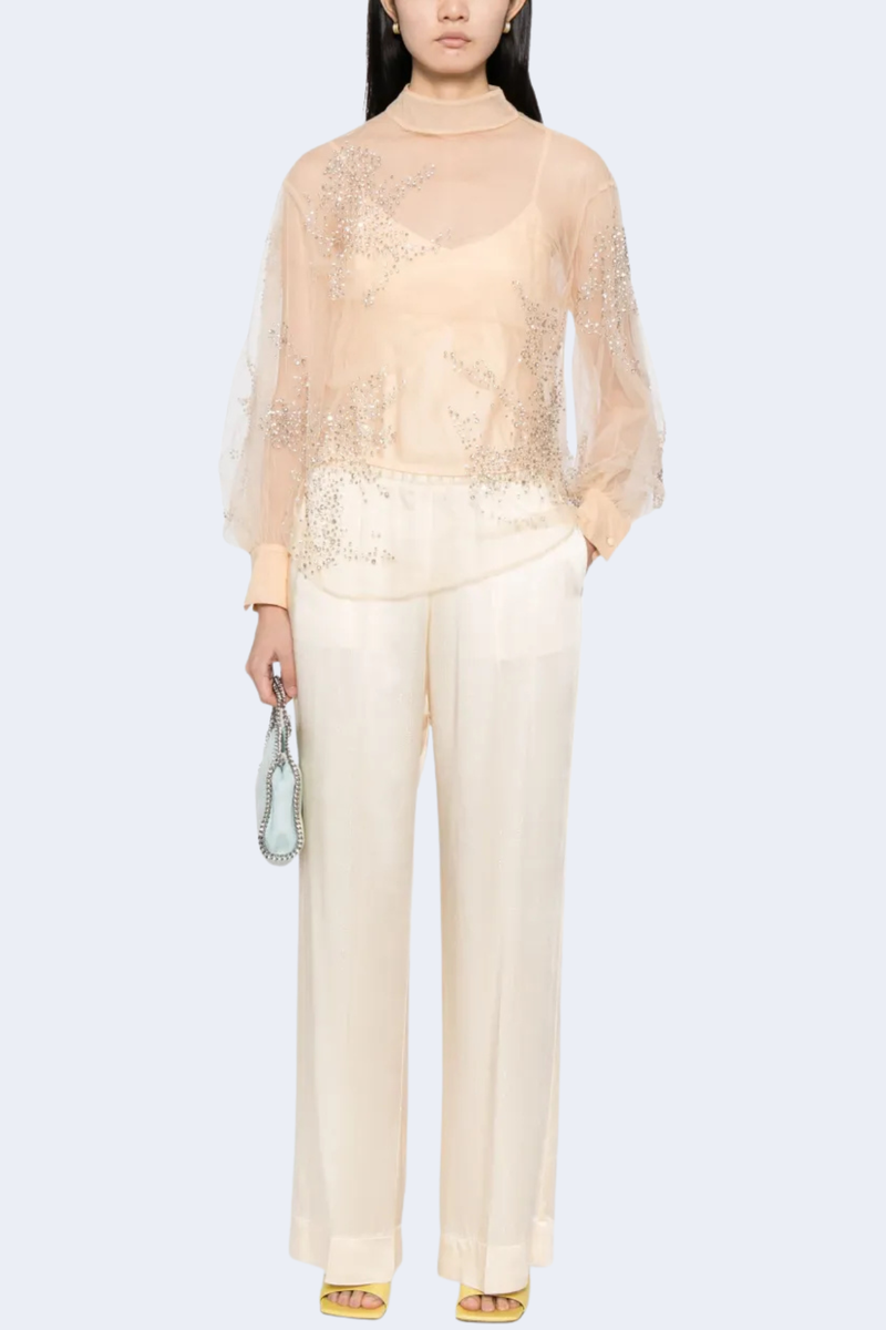 Silver Pinstripe Satin Regular Waist Pants in Cream