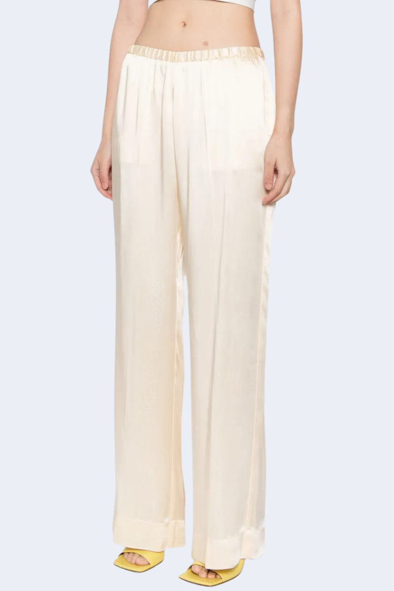 Silver Pinstripe Satin Regular Waist Pants in Cream