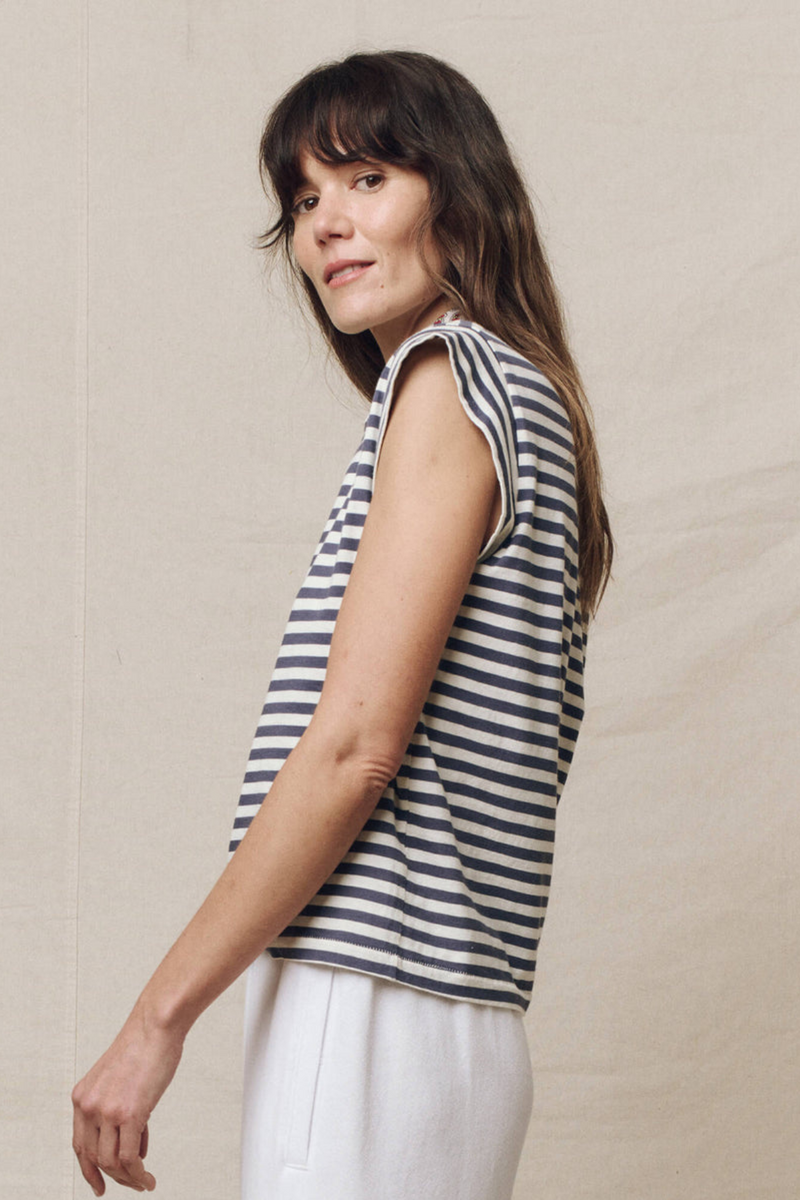 The Peak Shoulder Tee in Vintage Blue Stripe