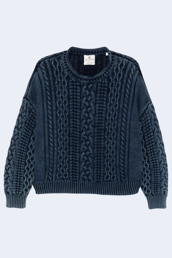 Oversized Aran Sweater With Rolled Neck in Indigo