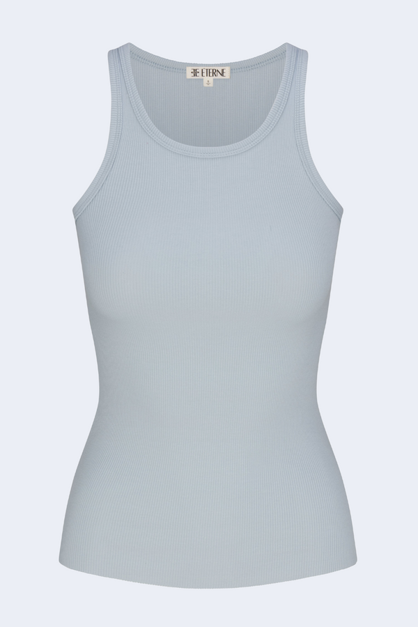 High Neck Fitted Tank in Dusty Blue