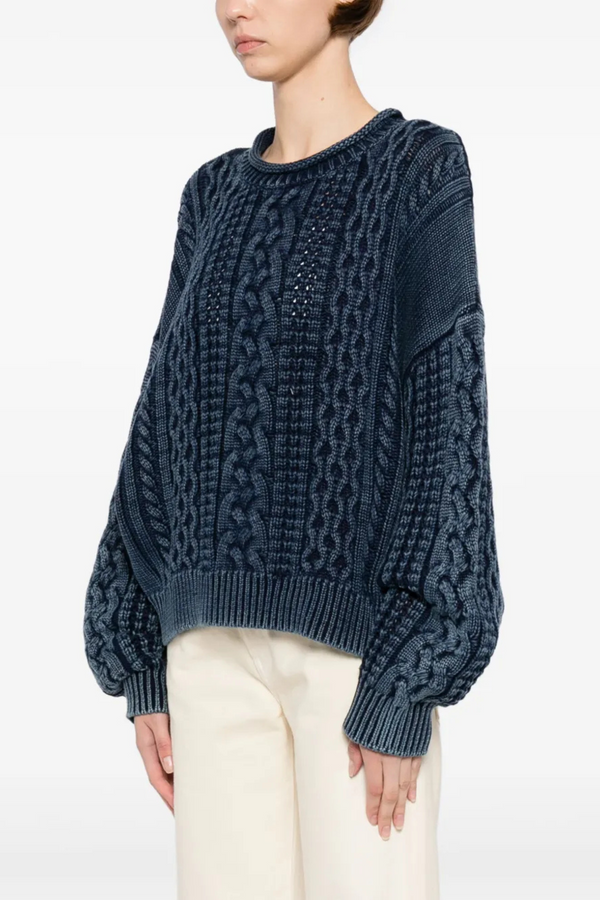 Oversized Aran Sweater With Rolled Neck in Indigo