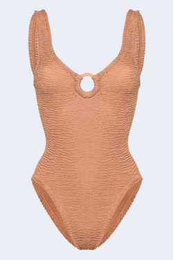 Celine Swim With Fabric Covered Hoops in Metallic Cocoa