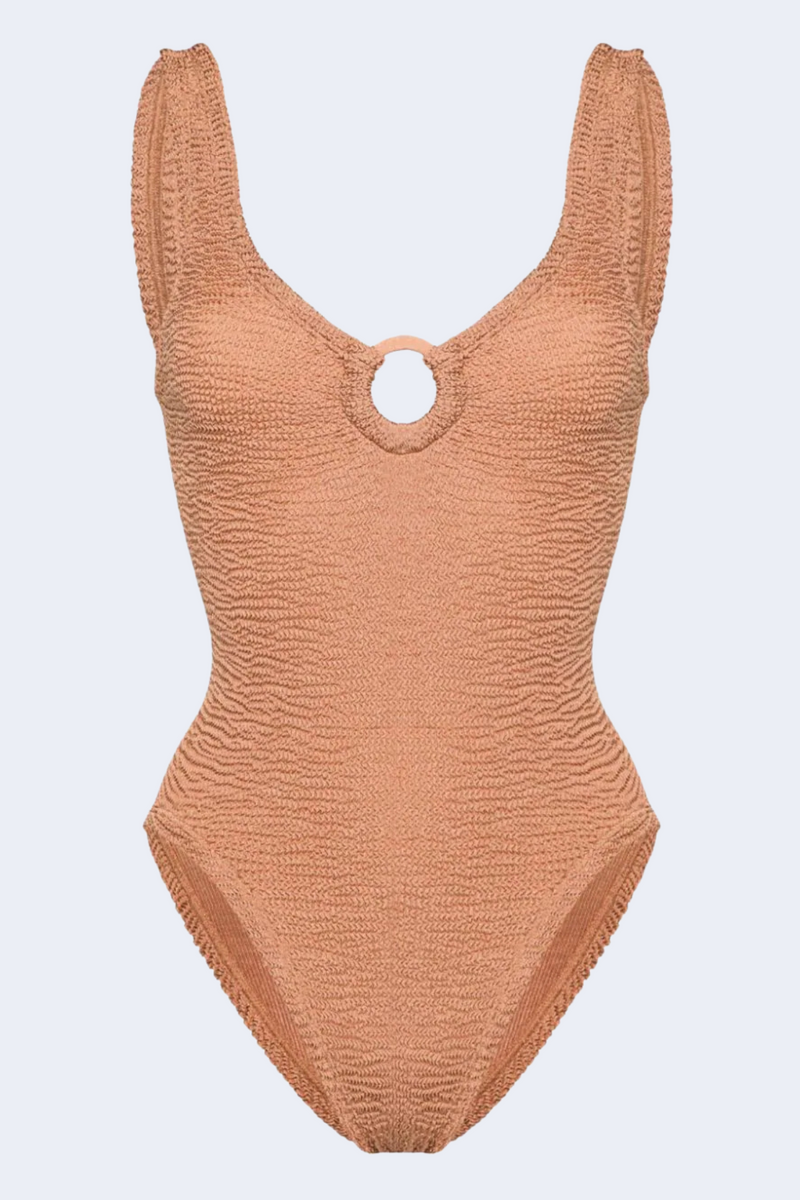 Celine Swim With Fabric Covered Hoops in Metallic Cocoa