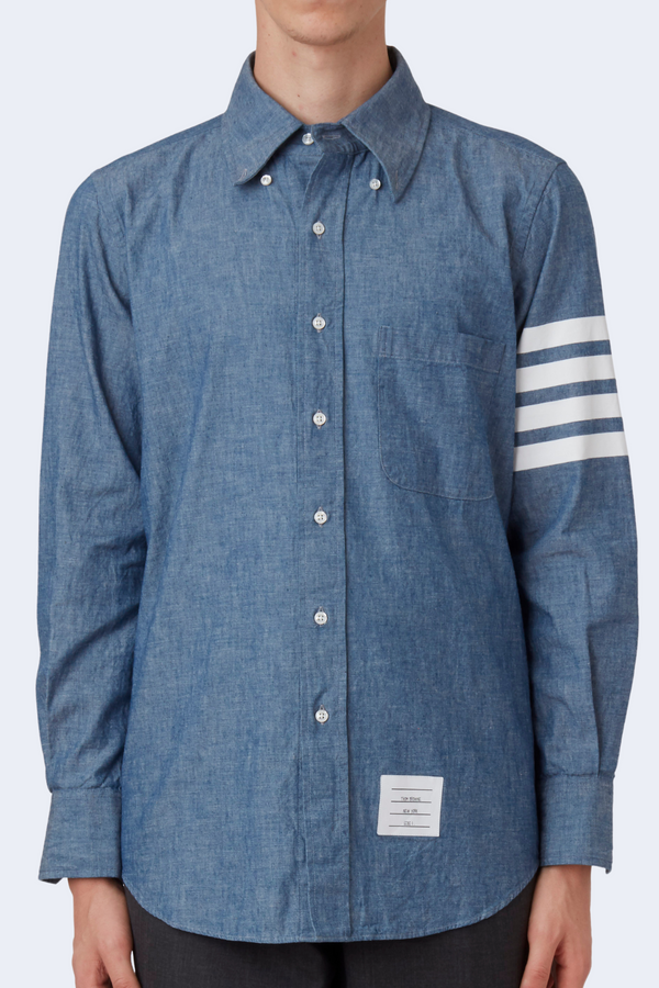 Straight Fit Button Down Long Sleeve Chambray Shirt with Printed 4 Bar Sleeve in Blue