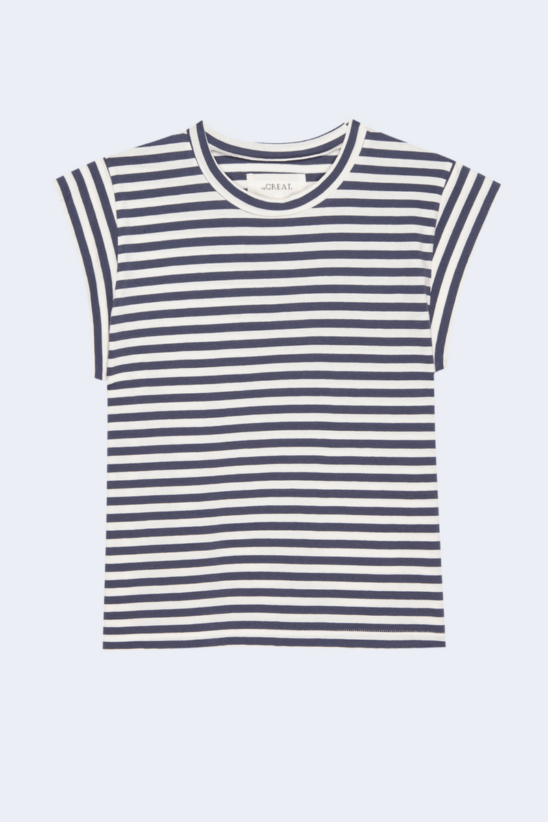 The Peak Shoulder Tee in Vintage Blue Stripe