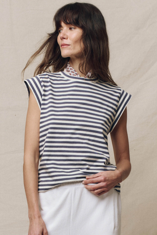 The Peak Shoulder Tee in Vintage Blue Stripe