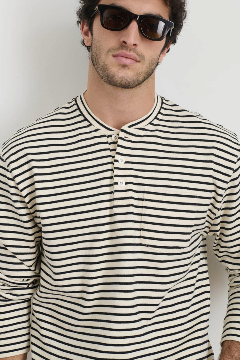 Men's Allan Cotton Stripe Henley in Natural & Black