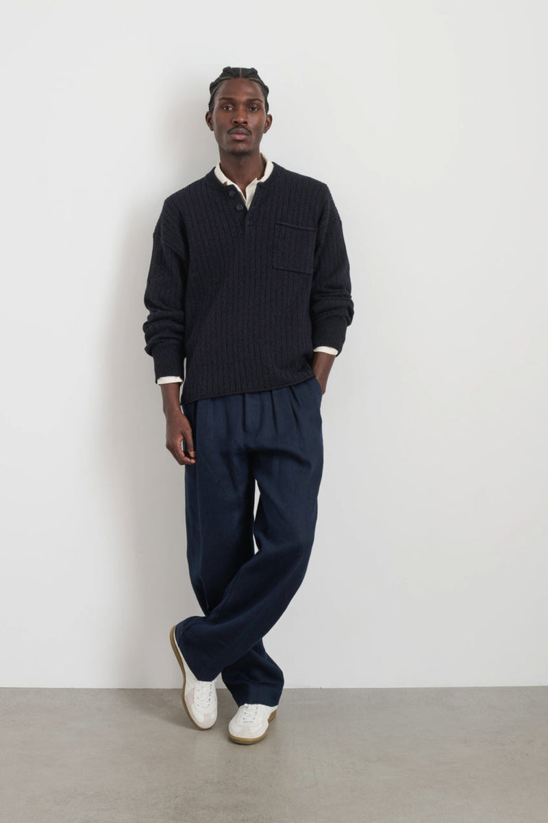 Men's Sawyer Cotton Linen Henley in Marled Navy